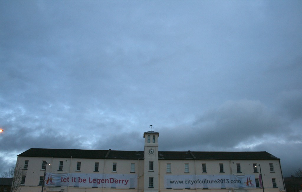 Renovated army barracks showing the city of culture moto and twitter #legenderry.