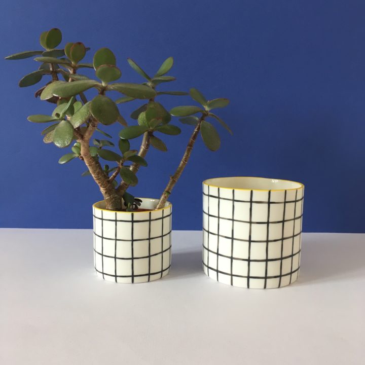Two porcelain pots decorated with monochromatic grids, the left one is smaller and contains a plant