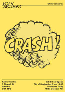 An illustration of the work CRASH - it has a cloud of smoke around it as if it has crashed in to the screen