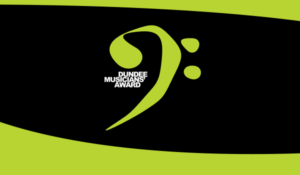 An abstract green swirl on a blak background that reads ' Dundee Musicians Awards'