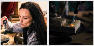 Two images side by side, on the left is a woman with dark hair working on a jewellery bench th eimage on the right is a close up of a torch heating up some small pieces of jewellery