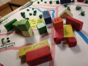 some colourful blocks on a colourful map -