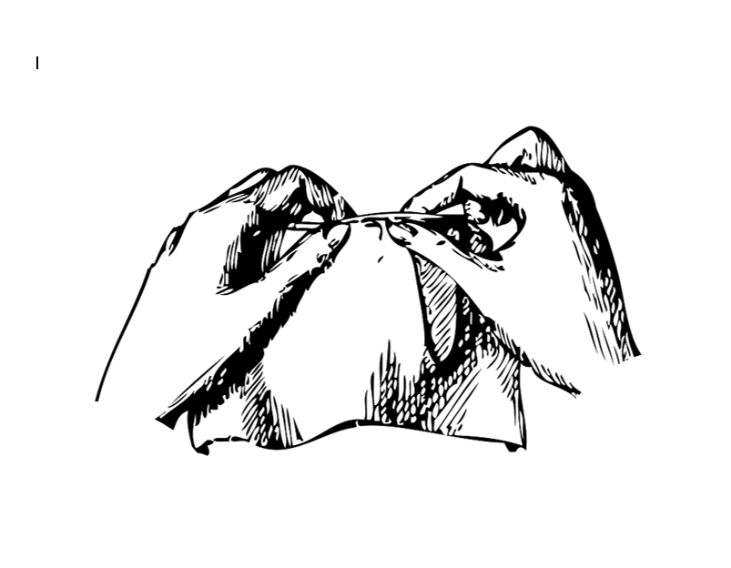 A black and white drawing of two hands holding a small piece of fabric.