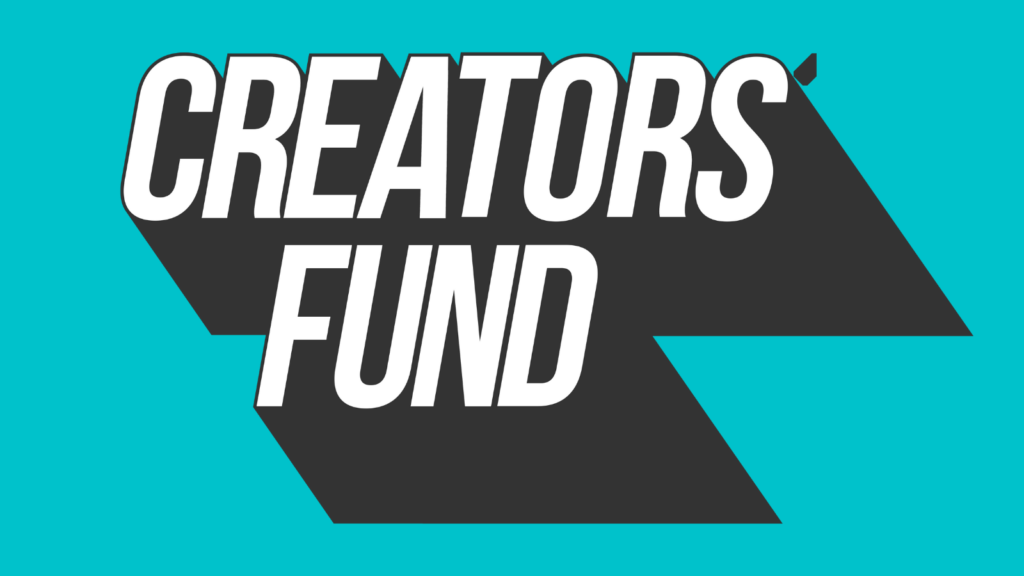 A blue background has bold white text with a black drop shadow that reads "CREATORS' FUND".