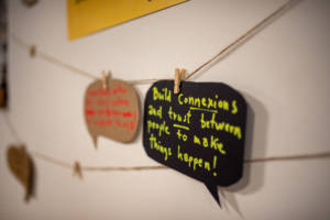 A photograph of a sign clipped to a piece of string and hung on the wall. The sign is shaped like a speech bubble and has yellow text on it which reads: Build connections and trust between people to make things happen!