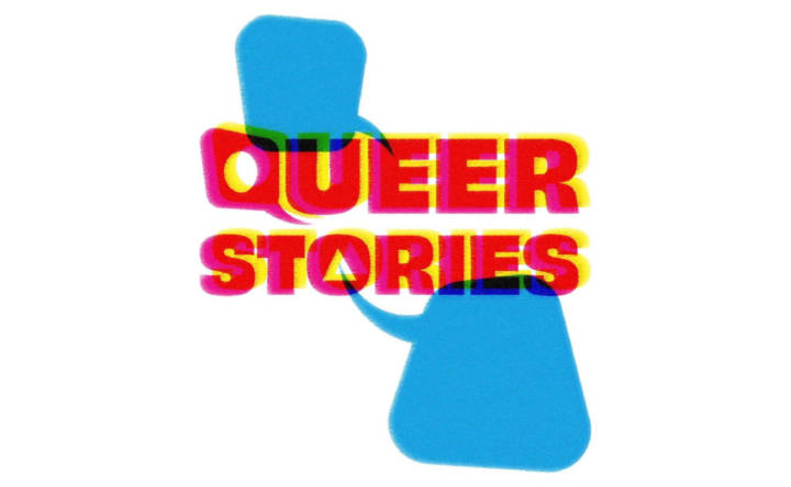 A graphic with grainy, layered imagery of two blue speech bubbles and the text QUEER STORIES in red, with a bright yellow shadow. The O of the word stories has a triangle for its centre.