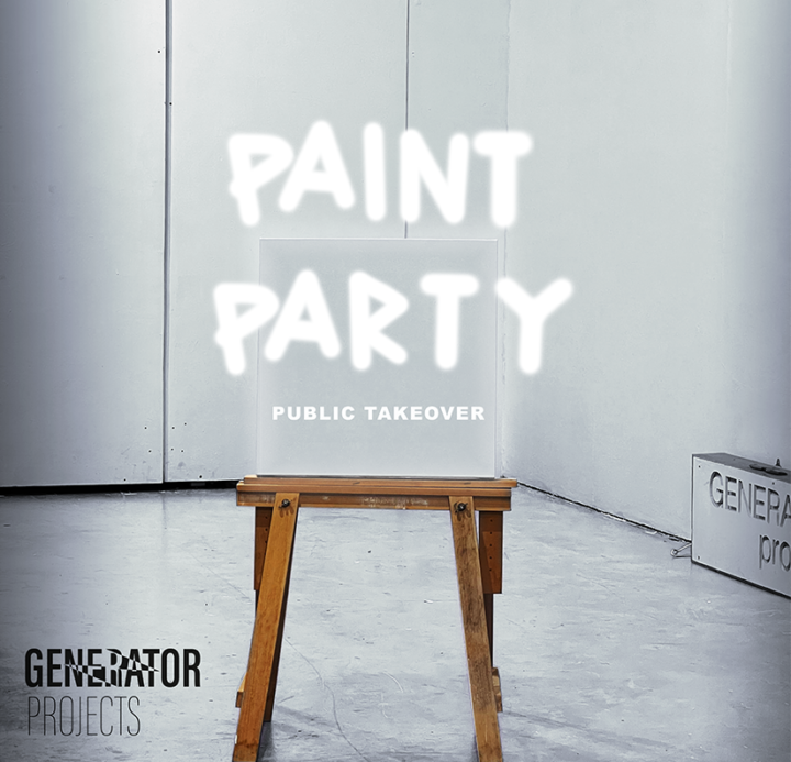 A photograph of a table in a seemingly empty white room. There is a glowing square shape sitting on the small table, representing a picture frame. Over the top of the photograph the words 'PAINT PARTY' appear in a white spray paint-style font. GENERATORProjects' logo is in the bottom left corner in black