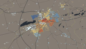 A screenshot of Forfar on the SIMD map. Areas of the town are coloured in in shades of blue, red and orange.