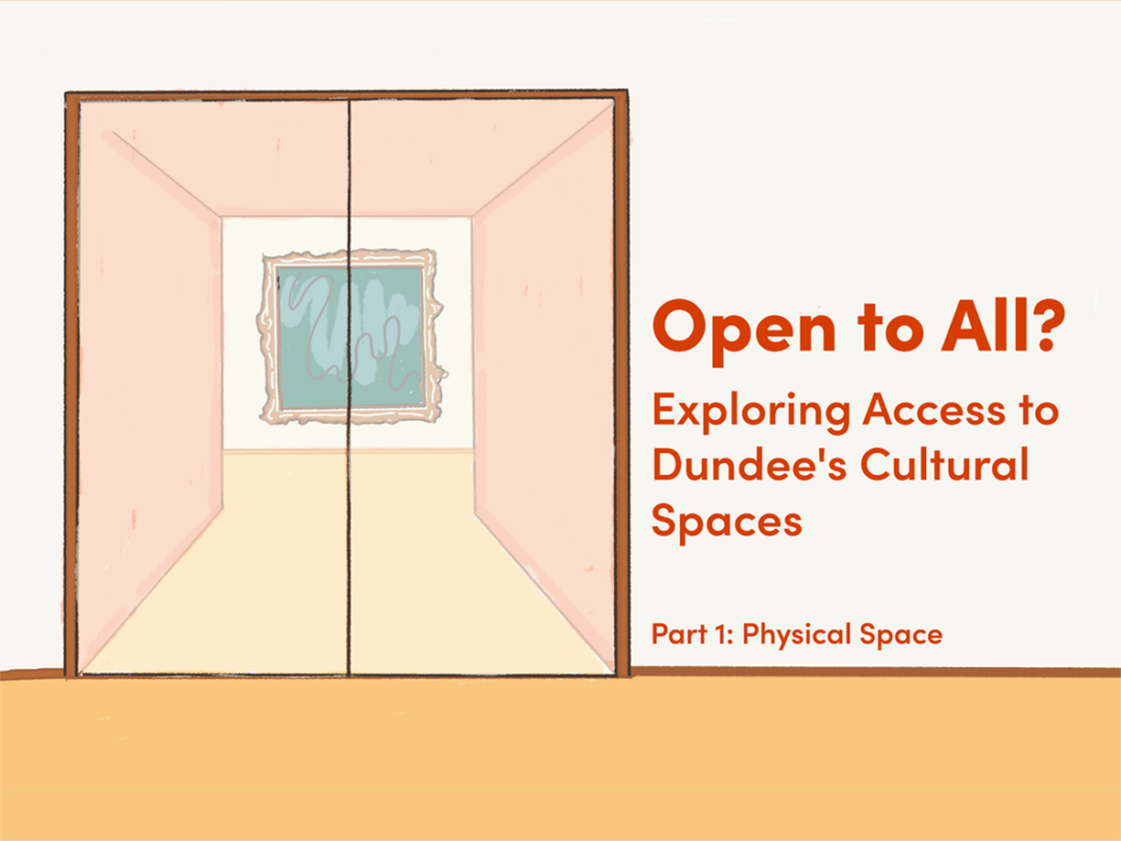 A drawing of a glass interior door to a museum. The walls around it are white, the flooring is yellow, and through the glass of the door you can just see a painting hanging in a frame. Some text sits to the side of the door, stating: "Open to All? Exploring Access to Dundee's Cultural Spaces. Part 1: Physical Space"