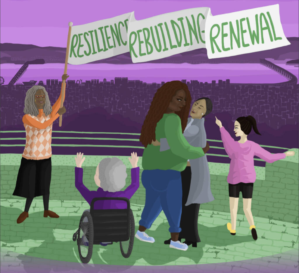 Illustration of a group of women waving a banner which reads 'Resilience, Rebuilding, Renewal'.  