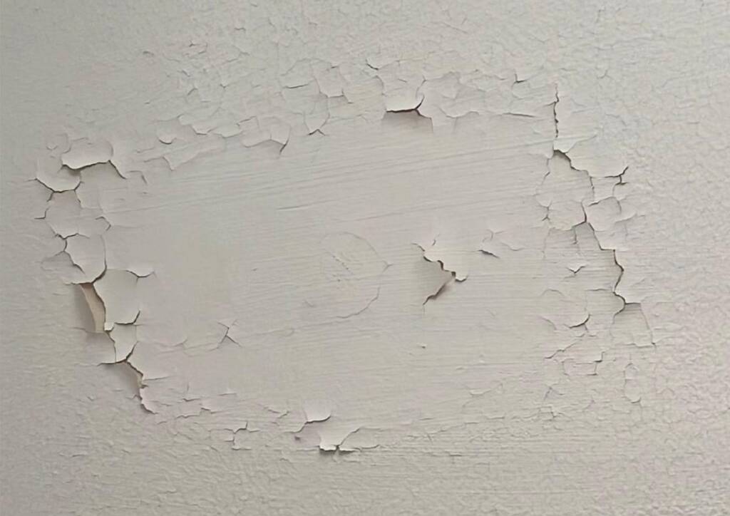 Photograph if a ceiling covered in peeling and cracking paint.