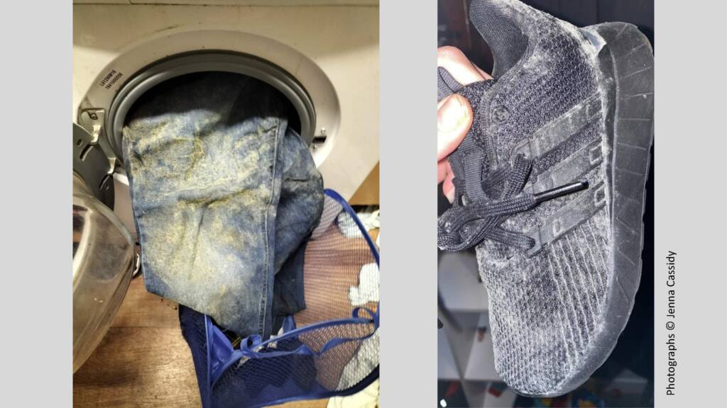 Two photographs of extensive mould coverage on a pair of jeans and children's shoes.