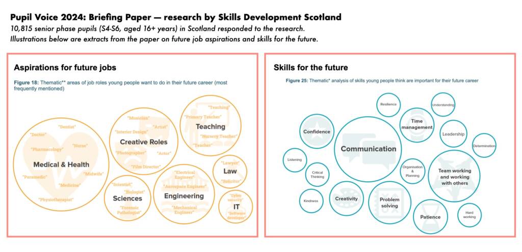 Screenshot from the Pupil Voice survey showing two bubble diagrams. 
The diagram on the left has the heading "Aspirations for Future Jobs. Figure 18: Thematic areas of job roles young people want to do in their future career (most frequently referenced)" The bubbles are marked, in descending size, as follows: Medical & Health, Creative Roles, Teaching, Engineering, Science, Law, IT. 
The diagram on the right has the heading "Skills for the Future. Figure 25: Thematic analysis of skills young people think are important for their future career." The bubbles are marked, in descending size, as follows: Communication, team working, problem solving, creativity, patience, confidence, time management.