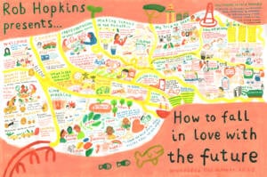 A hand-drawn map of Dundee in orange, yellow and shades of green. In different sections of the city, Cara has illustrated conversations, highlights, and keywords from throughout the event, including a section titled 'My trip to 2030'.